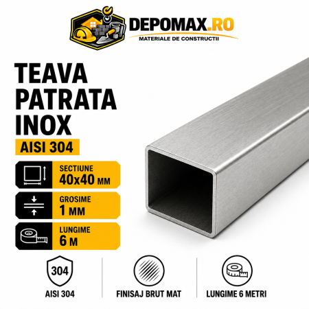 Teava patrata inox AISI 304, 40 x 40 x 1 mm, 6 metri